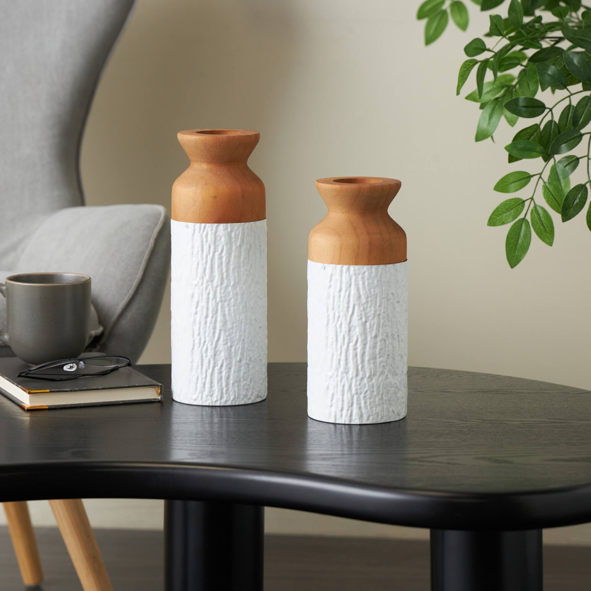 Brown & White Textured Metal & Wood Vase Set